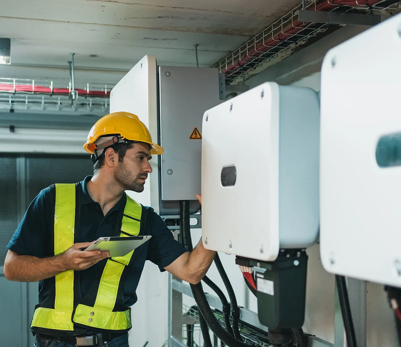 Technician Engineering setting inverter solar panel in electrical room